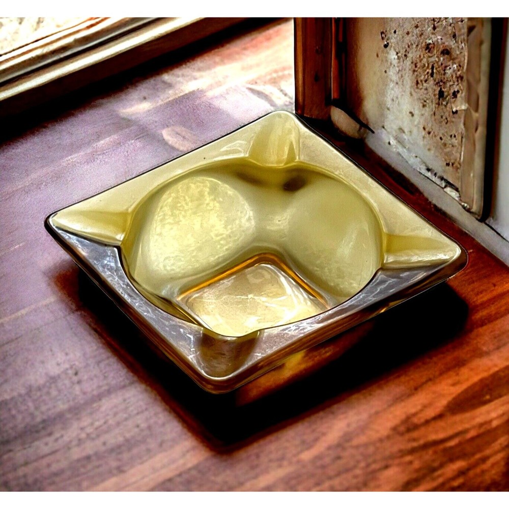 Vintage Ash Tray Trinket Anchor Hocking Square Amber 3.5 x 3.5 Retro Decor